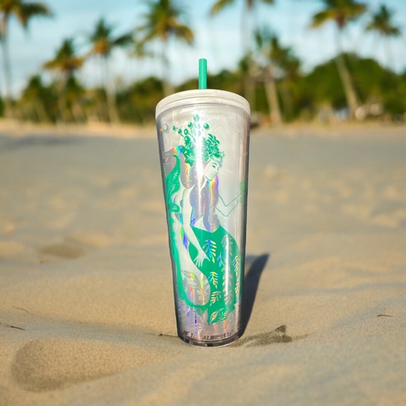 Other - Starbucks Christmas White Green Holographic  Mermaid Straw Cold Cup 24oz